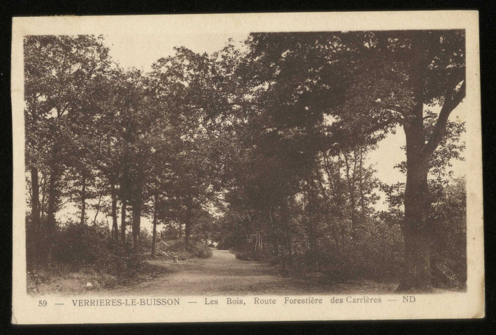 VERRIERES-LE-BUISSON. - Le bois, route forestière des carrières. (Edition N. D. 1927, 1 timbre à 25 centimes.) 