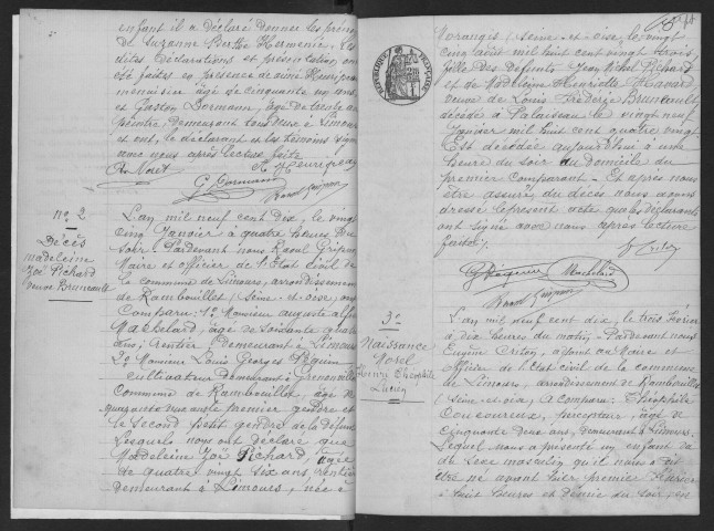 LIMOURS-EN-HUREPOIX. - Naissances, mariages, décès : registre d'état civil. 