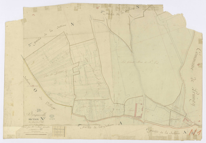 BOIGNEVILLE. - Section N - Bois de Saint-Val, 1, ech. 1/1250, coul., aquarelle, papier, 64x95 (1813). 