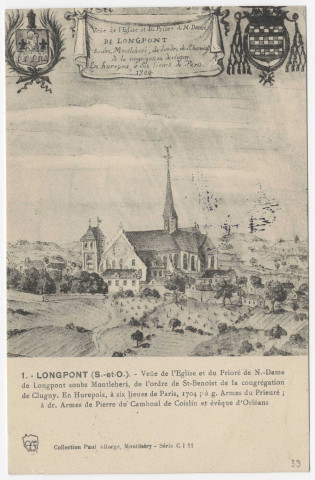LONGPONT-SUR-ORGE. - Vue de l'église et du prieuré de Notre-Dame-de-Longpont [d'après dessin de 1704]. Paul Allorge. 