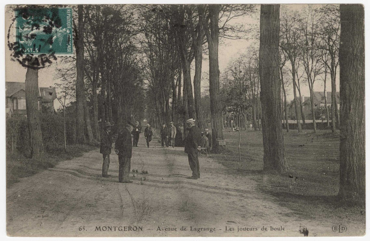 MONTGERON. - Avenue de Lagrange. Les joueurs de boule [Editeur ELD, 1911, 1 timbre à 5 centimes]. 