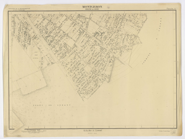 Plan topographique régulier de MONTGERON dressé et dessiné par M. LAMBERT, géomètre, vérifié par M. MERIOT, ingénieur-géomètre, feuille 4, Ministère de la Reconstruction et de l'Urbanisme, 1946. Ech. 1/2.000. N et B. Dim. 0,83 x 1,10. 