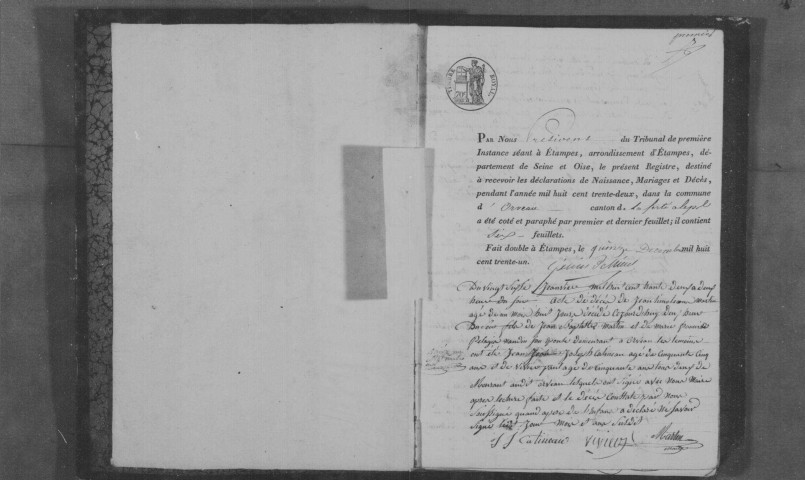 ORVEAU. Naissances, mariages, décès : registre d'état civil (1832-1860). 