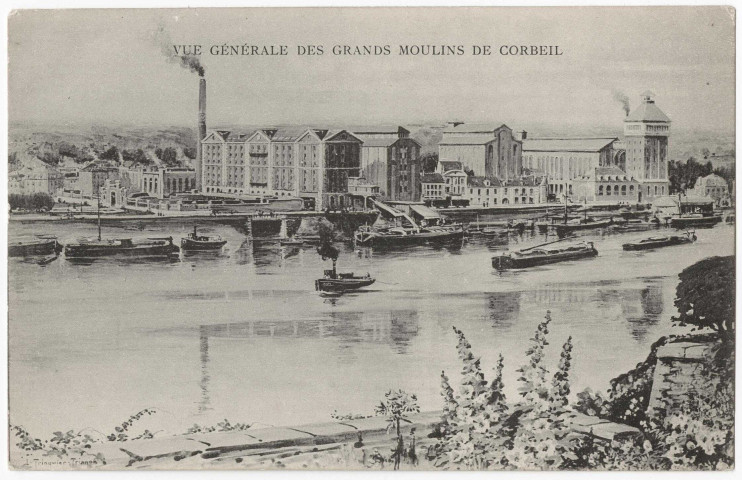 CORBEIL-ESSONNES. - Vue générale des grands moulins de Corbeil (dessin de Trinquier), édition Trianon. 