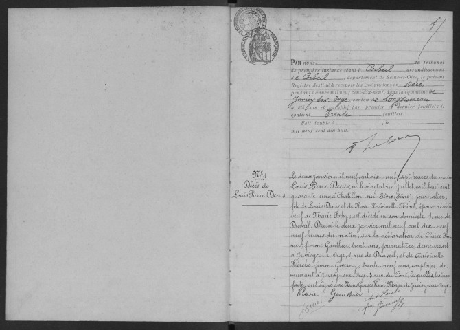 JUVISY-SUR-ORGE. - Décès : registre d'état civil. 