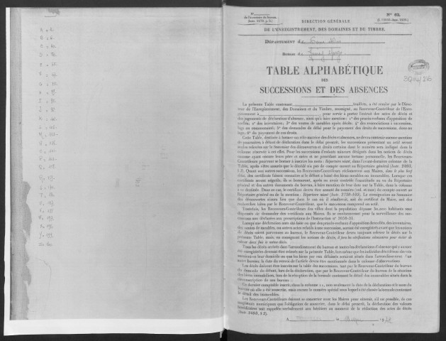 JUVISY-SUR-ORGE, bureau de l'enregistrement. - Tables des successions et des absences, volume 10, 1945 - 1946. 