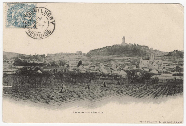 LINAS. - Vue générale du bourg et tour du château de Montlhéry. Labouré, 5 c, ad. 