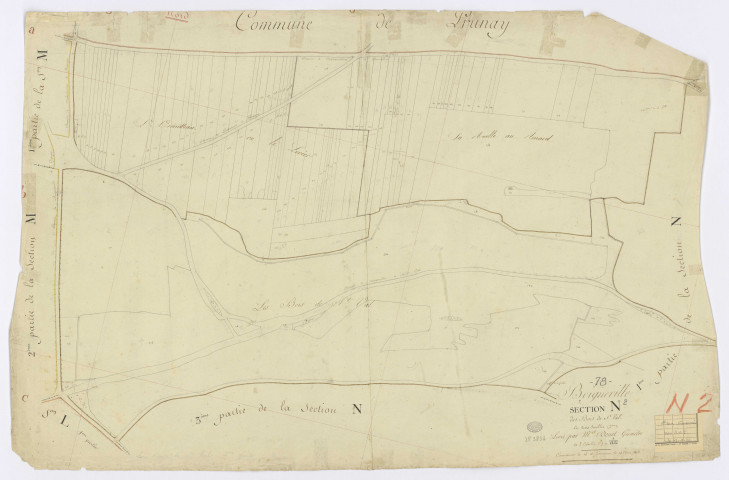 BOIGNEVILLE. - Section N - Bois de Saint-Val, 2, ech. 1/1250, coul., aquarelle, papier, 66x100 (1813). 
