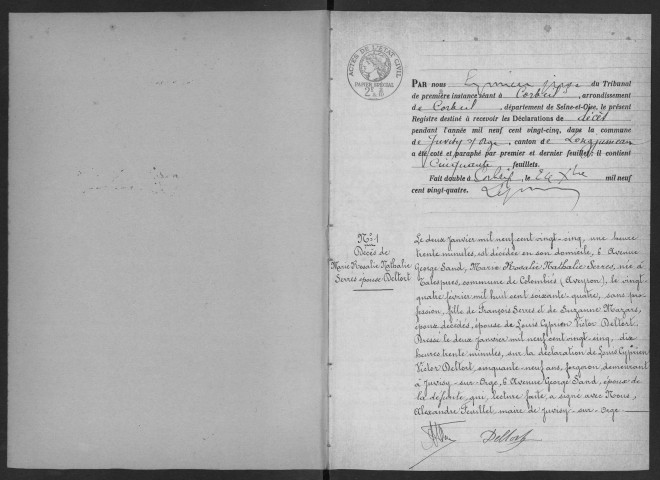 JUVISY-SUR-ORGE. - Décès : registre d'état civil. 