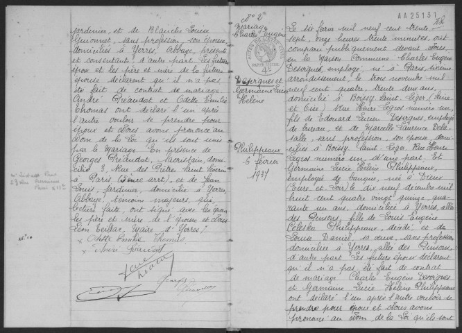 YERRES. - Mariages : registre d'état civil.