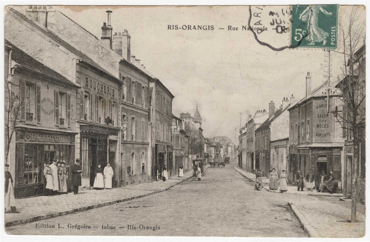 RIS-ORANGIS. - Rue Nationale [Editeur Grégoire, 1908, timbre à 5 centimes, cote négatif 2A57a]. 