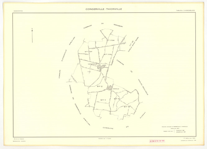 Plans minutes de conservation : CONGERVILLE-THIONVILLE, tableau d'assemblage n°1, ech. 1/10000 (1951-1976) ; THIONVILLE, tableau d'assemblage n°2, ech. 1/5000 (1951), sections W, X, Y, Z1, Z2, ech. 1/2000 (1951) ; CONGERVILLE, tableau d'assemblage n°3, ech. 1/5000, sections W, X, Y, Z, ech. 1/2000 (1951) ; THIONVILLE, sections W, X, Y, Z1, Z2, ech. 1/2000 (1951-1976) ; CONGERVILLE, sections W, X, Y, Z, ech. 1/2000 (1951-1976), NB, papier, 105x80 [21 plans]. 