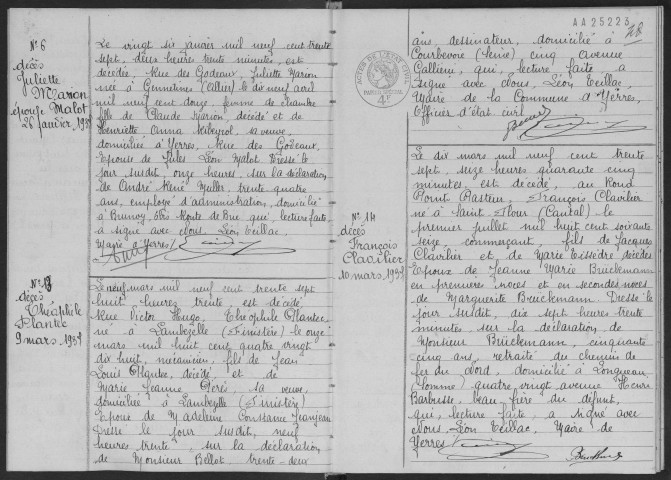 YERRES. - Décès : registre d'état civil.