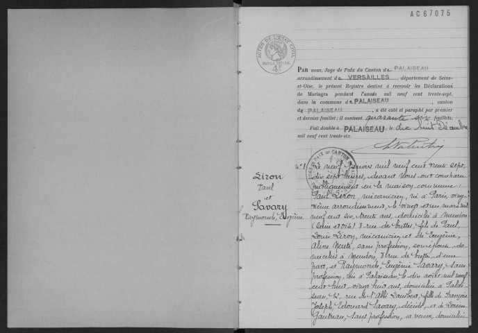 PALAISEAU. - Mariages : registre d'état civil.