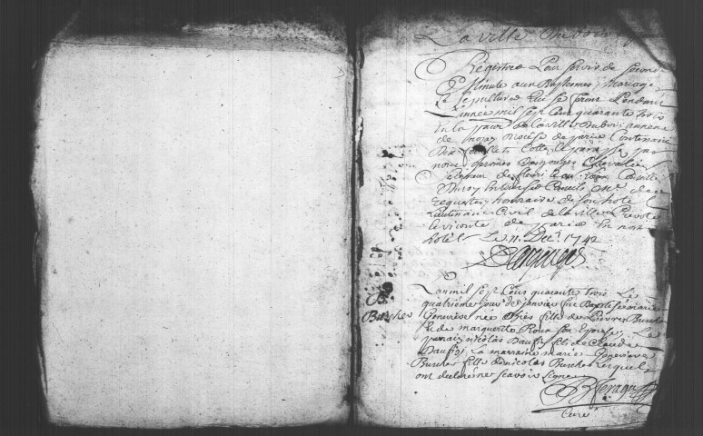 VILLE-DU-BOIS (LA). Paroisse Saint-Fiacre : Baptêmes, mariages, sépultures : registre paroissial (1692-1712, 1737-1743). [Lacunes : B.M.S. (1694)]. 