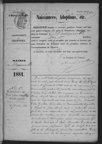 DOMMERVILLE (ANGERVILLE).- Naissances, mariages, décès : registre d'état civil (1881-1894). 