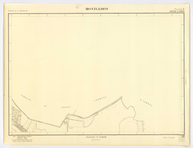 Plan topographique régulier de MONTGERON dressé en 1946, mis à jour en 1964 par la société cartographique de France, vérifié par le Service du Cadastre, feuille 2, Ministère de la Construction, 1964. Ech. 1/2.000. N et B. Dim. 0,80 x 1,04. 