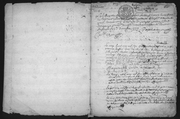 MONDEVILLE. - Registres paroissiaux. - Registre des baptêmes, mariages et sépultures (28/05/1714 - 1765). 