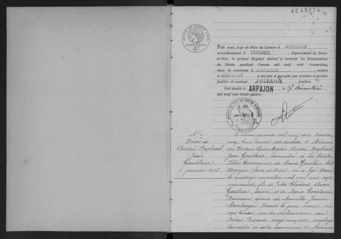 ARPAJON.- Déces : registre d'état civil (1935). 