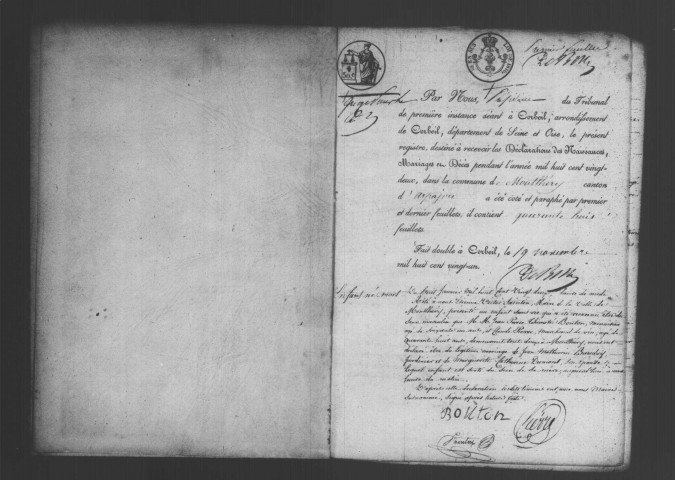 MONTLHERY. Naissances, mariages, décès : registre d'état civil (1822-1826). 