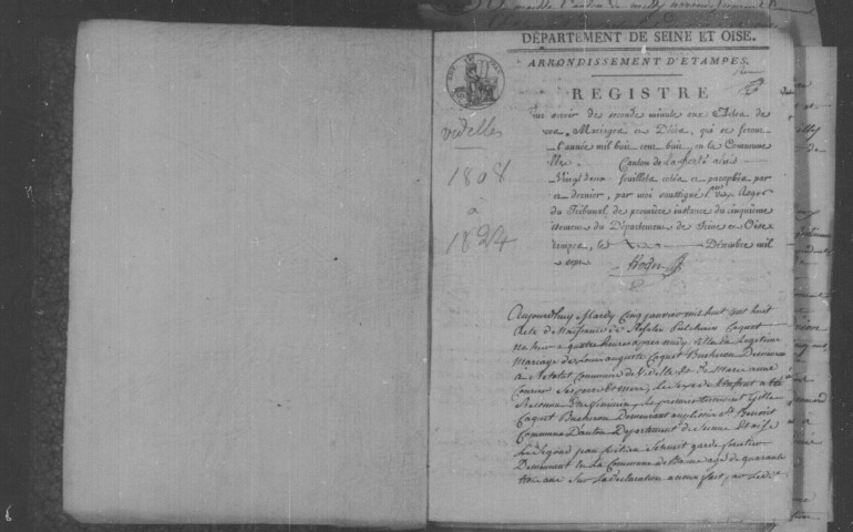 VIDELLES. Naissances, mariages, décès : registre d'état civil (1808-1824). 