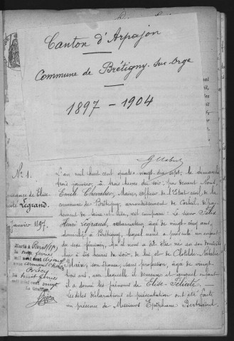 BRETIGNY-SUR-ORGE.- Naissances, mariages, décès : registre d'état civil (1897-1904). 