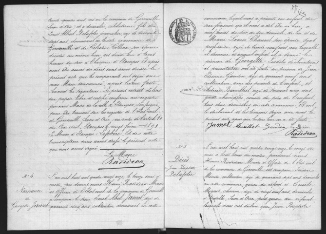 GIRONVILLE-SUR-ESSONNE.- Naissances, mariages, décès : registre d'état civil (1891-1905). 