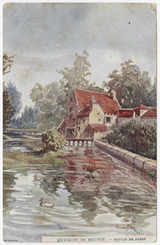 VARENNES-JARCY. - Moulin de Jarcy (d'après une aquarelle d'Edmond Filon) [1908, timbre à 5 centimes]. 