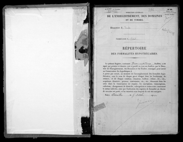 Conservation des hypothèques de CORBEIL. - Répertoire des formalités hypothécaires, volume n° 372 : A-Z (registre ouvert en 1910). 