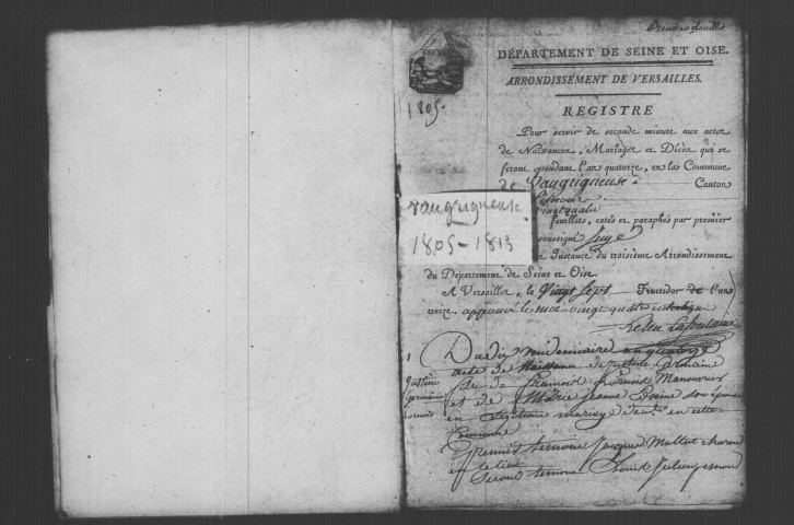 VAUGRIGNEUSE. Naissances, mariages, décès : registre d'état civil (an XIV-1813). 
