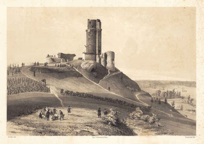 MONTLHERY. ""Montlhéry, la tour"", Welker, dessinateur, imprimerie Lemercier à Paris, Bachelier, lithographe, s.d., N et B. Dim. 22,5 x 32,5. 