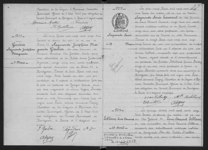 MONTGERON. - Naissances : registre d'état civil.