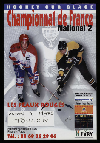 EVRY. - Championnat de France de hockey sur glace, national 2 : Toulon, Patinoire municipale d'Evry, 4 mars 2000. 