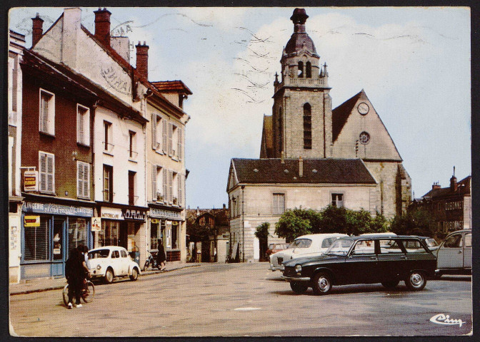 LIMOURS.- Place du marché et l'église (16 avril 1986). 