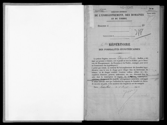 Conservation des hypothèques de CORBEIL. - Répertoire des formalités hypothécaires, volume n° 378 : A-Z (registre ouvert en 1912). 