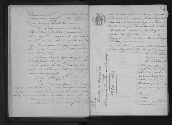 MAROLLES-EN-HUREPOIX. Naissances, mariages, décès : registre d'état civil (1864-1872). 