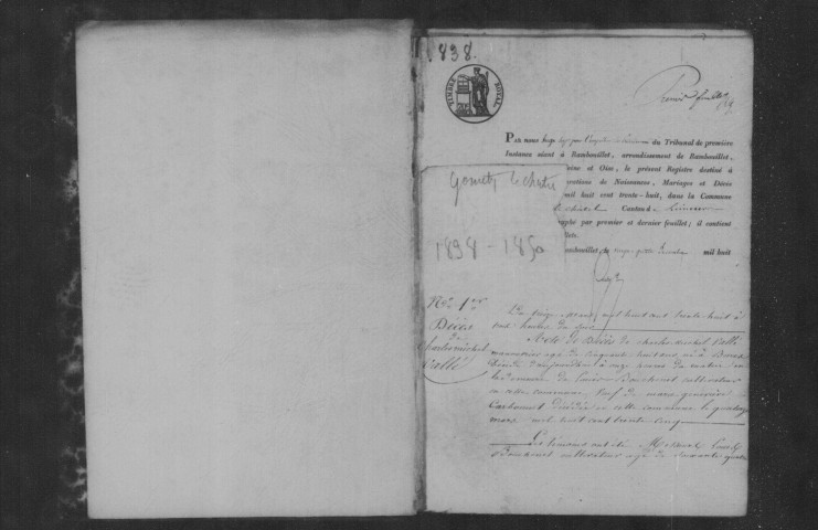 GOMETZ-LE-CHATEL. Naissances, mariages, décès : registre d'état civil (1838-1850). 