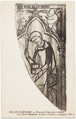 ARPAJON. - Eglise.- Fragment d'une pierre tombale d'un moine bénédictin, Ecolâtre de Châtres, XIIème siècle. 