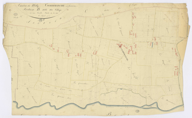 COURDIMANCHE-SUR-ESSONNE. - Section B - Village (le), ech. 1/1250, coul., aquarelle, papier, 64x101 (1815). 