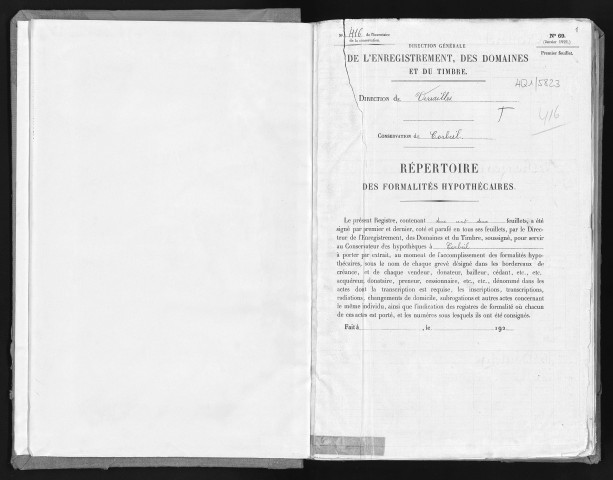 Conservation des hypothèques de CORBEIL. - Répertoire des formalités hypothécaires, volume n° 416 : A-Z (registre ouvert vers 1920). 