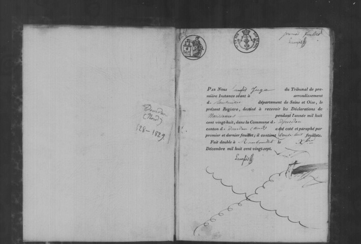 DOURDAN. Naissances, mariages, décès : registre d'état civil (1828-1829). 