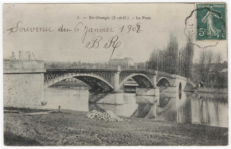 RIS-ORANGIS. - Le pont [Editeur Buret, 1908, timbre à 5 centimes]. 