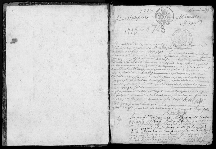 BOIS-HERPIN. - Registre paroissial. - Registre des baptêmes, mariages et sépultures (1713-1748) 
