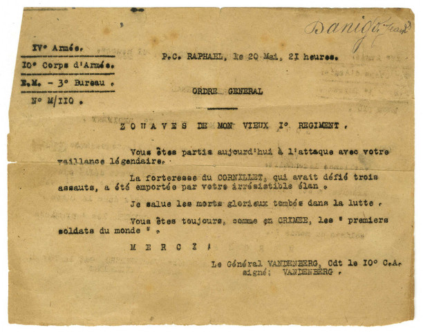 Jean DANIGOT.- Citations et remerciements, 1916-1918. (3 pièces).