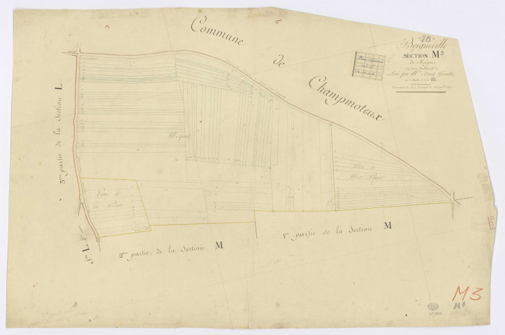 BOIGNEVILLE. - Section M - Morpuis, 3, ech. 1/1250, coul., aquarelle, papier, 65x98 (1813). 