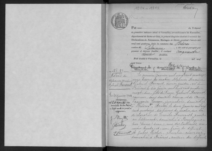BIEVRES.- Naissances, mariages, décès : registre d'état civil (1914-1915). 