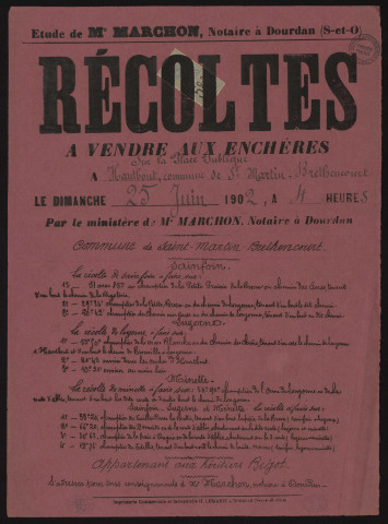 SAINT-MARTIN-DE-BRETHENCOURT (Yvelines).- Vente aux enchères de récoltes de sainfoin, luzerne et minette, appartenant aux héritiers BIGOT, 25 juin 1902. 