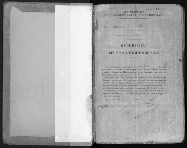 Conservation des hypothèques de CORBEIL. - Répertoire des formalités hypothécaires, volume n° 212 : A-Z (registre ouvert en 1855). 