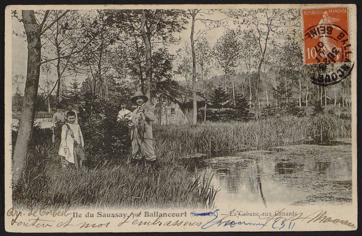 Ballancourt-sur-Essonne.- Ile-du-Saussay : pêche à la ligne à la cabane aux canards (23 août 1907). 