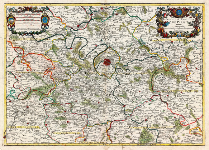 La prévosté et l'élection de PARIS, par Hubert JAILLOT, géographe ordinaire du Roy, PARIS, 1717. Ech. 7,8 cm = 1 lieue commune d'Allemagne. Coul. Dim. 0,55 x 0,78. 